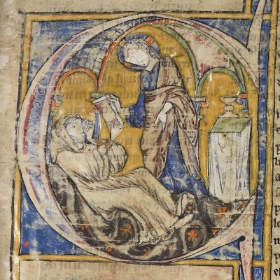 Le Christ apparaît au prêtre-auteur au cours de son sommeil (Histoire du saint graal, Rennes 255, f2)