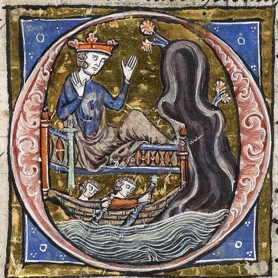 Le roi Mordrain est emporté sur son lit (Histoire du saint graal, Rennes 255, f30v)