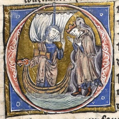 Mordrain au rocher. Un bateau surgit devant lui (Histoire du saint graal, Rennes 255, f32)
