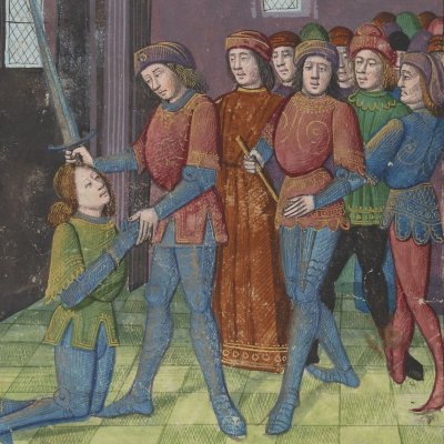 Début de la quête : Galaad adoubé (Queste del saint Graal, Bnf Français 113 (3), f1)