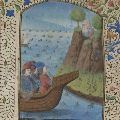 Galaad face au vieil homme sur le rocher (Queste del saint Graal, Bnf Français 113 (3), f80)