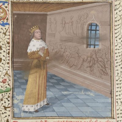 Arthur dans la chambre des images (La mort le roi artu, Bnf Français 113 (3), f193v)