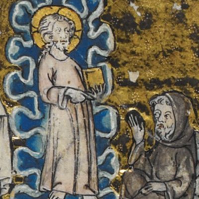 Le Christ apparaît en songe au prêtre-auteur (Histoire du saint graal, BL Royal 14 E III, f3r)