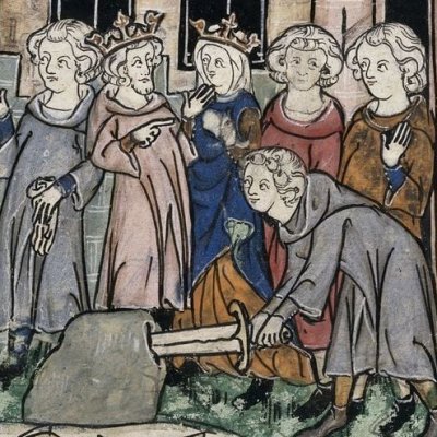 Galaad removes the sword from the stoop (Histoire du saint graal, BL Royal 14 E III, f91)