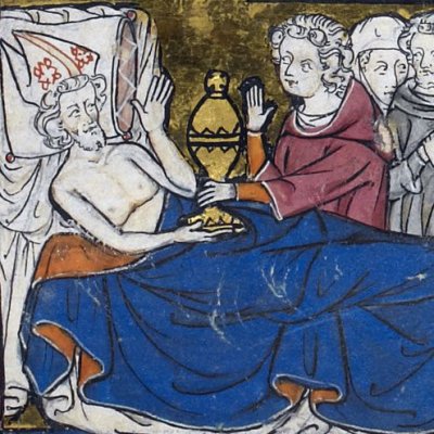 Joseph mourant confie le graal à Alain (Histoire du saint graal, BL Royal 14 E III, f86r)