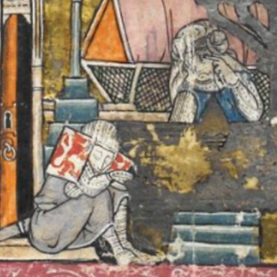 Lancelot endormi. Un chevalier guéri par le graal (Histoire du saint graal, BL Royal 14 E III, f99)