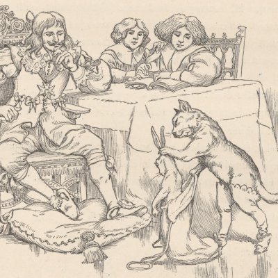 Le Chat botté offre un lapin au roi (Les Contes de Perrault illustrés…, éd. Larroumet, 1905) - Courboin
