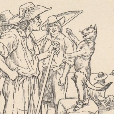 Le Chat botté parle aux paysans (Les Contes de Perrault illustrés…, éd. Larroumet, 1905) - Courboin