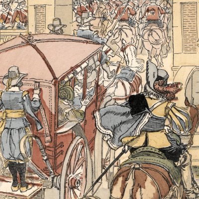 Le Chat botté. L'arrivée du roi (Les Contes de Perrault illustrés…, éd. Larroumet, 1905) - Courboin