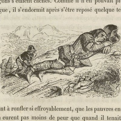 Le Petit Poucet ôtant les bottes de l'ogre (Contes de Perrault, Blanchard, 1851) - Grandville