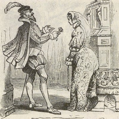 Barbe Bleue. « Pourquoi y a-t-il du sang sur cette clef ? » (Contes de Perrault, Blanchard, 1851) - Grandville