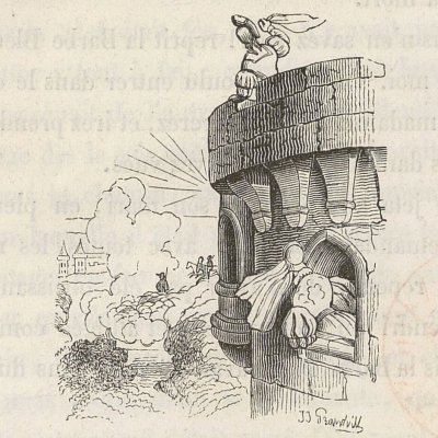 Barbe Bleue. « Ma sœur Anne, ne vois-tu rien venir ? » (Contes de Perrault, Blanchard, 1851) - Grandville
