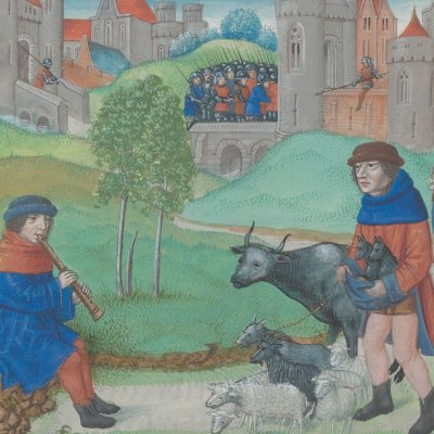 Tityre et Mélibée (Virgile, Bucoliques 1, Gand BHSL.HS.9020, f22)