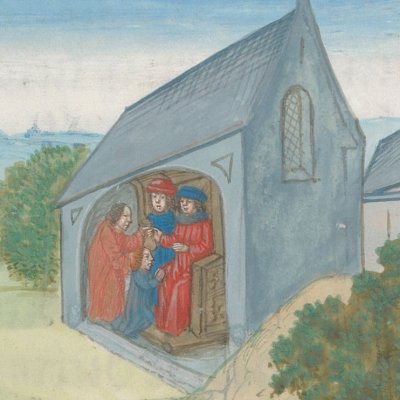 Débarquement d'Énée en Thrace puis à Délos. Oracle d'Apollon (Virgile, Énéide 3, Gand BHSL.HS.9020, f113v)