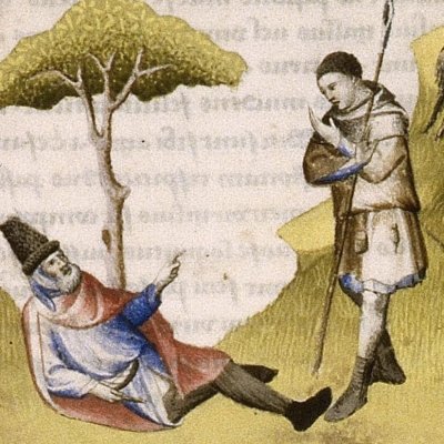 Tityre et Mélibée (Virgile, Bucoliques 1, Lyon Ms P.A. 27, f1v)