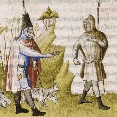 Le poète et Corydon (Virgile, Bucoliques 2, Lyon Ms P.A. 27, f3v)
