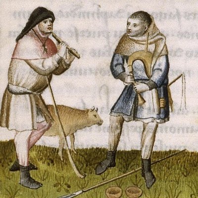 Palémon, Ménalque et Damète (Virgile, Bucoliques 3, Lyon Ms P.A. 27, f5)