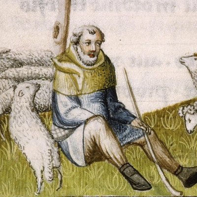Mélibée, Corydon et Thyrsis (Virgile, Bucoliques 7, Lyon Ms P.A. 27, f13)