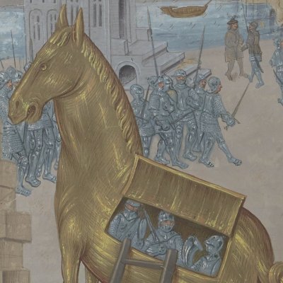 The Trojan horse at the Dardane gate (Recueil des histoires de Troyes, Français 22552, f277v)