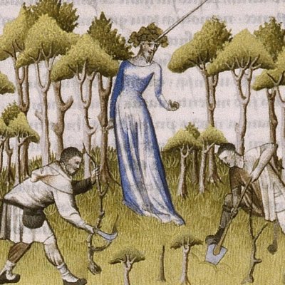 Culture de la terre. Bacchus, dieu de la vigne et des arbres (Virgile, Géorgiques 2, Lyon Ms P.A. 27, f30)