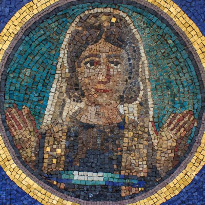 Simplicia Rustica, défunte orante, et son époux (deux clipei en mosaïque avec buste-portrait)