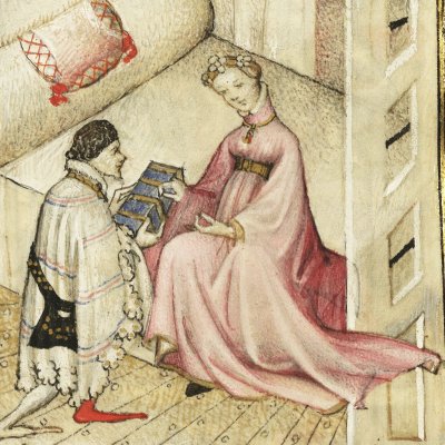 Médée sur son lit tend un coffre à Jason (Epître d’Othéa, Bnf Français 606, f28)