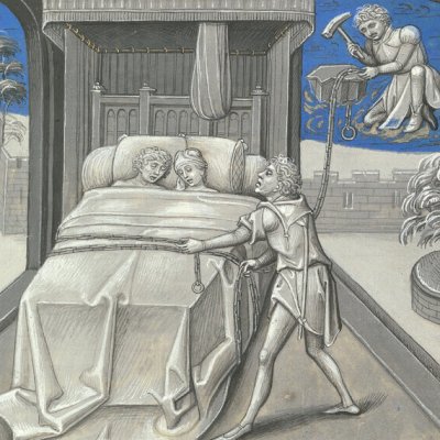 Mars et Vénus pris au piège de Vulcain (Épître d’Othéa, Erlangen 2361, f73) - Willem Vrelant