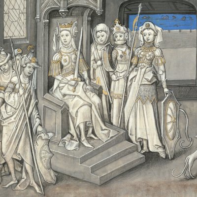 Tomyris, reine des Amazones, ordonne la mort de Cyrus (Épître d’Othéa, Erlangen 2361, f74) - Willem Vrelant