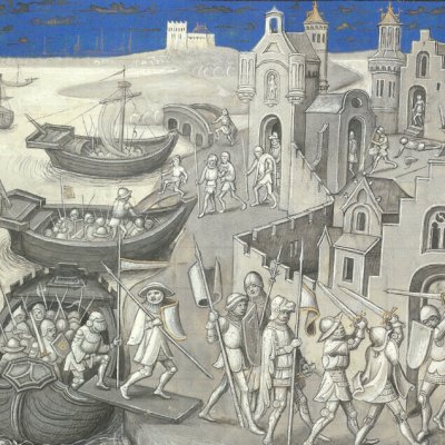 Première prise de Troie par les Grecs. Mort de Laomédon (Épître d’Othéa, Erlangen 2361, f79) - Willem Vrelant