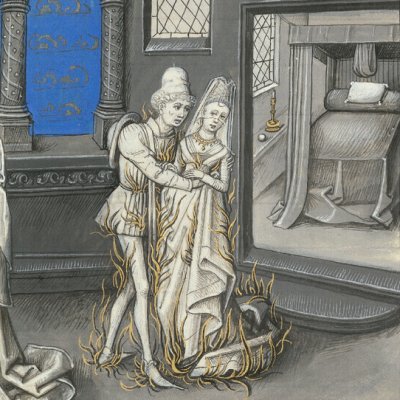 Sémélé consumée par le feu de Jupiter (Épître d’Othéa, Erlangen 2361, f80) - Willem Vrelant