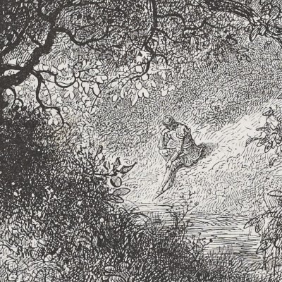 Angélique depuis un buisson épie Sacripant (Roland furieux, ch1, 1879) - Doré