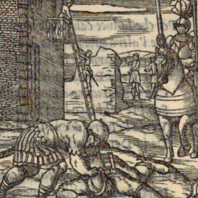 Dalinde au balcon. Renaud tue Polinesse (Roland furieux, éd. Giolito de Ferrari 1543, ch5)