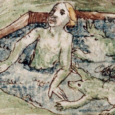 Latona turns peasants who disturb her water into frogs (Epistle of Othea, Lille ms 175, f22v)