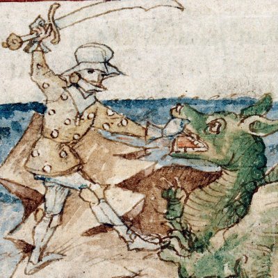 Avec l'aide de Médée, Jason tue le dragon (Épître d’Othéa, Lille ms 175, f52v)