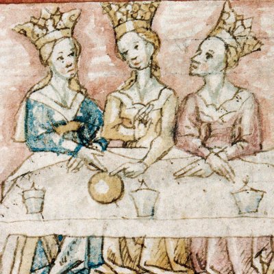 Discorde jette une pomme d’or au banquet de Thétis et de Pélée (Épître d’Othéa, Lille ms 175, f58v)