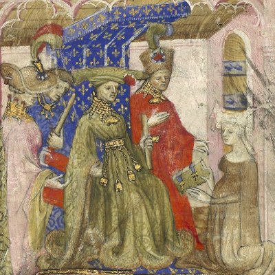 Christine présente son livre à Louis d'Orléans (Epître d'Othéa, Bnf Français 606, f1)