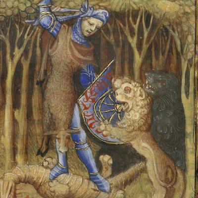 Hercules kills a dragon and a lion (Epistle of Othea, Bnf Français 606, f3)