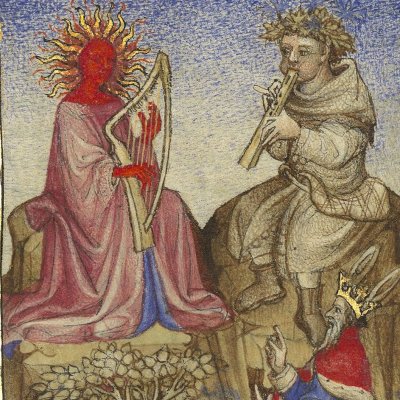 Midas reçoit des oreilles d'âne pour avoir préféré Pan à Apollon (Epître d'Othéa, Bnf Français 606, f14)