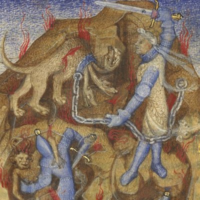 Hercule enchaîne Cerbère aux portes de l'Enfer (Epître d'Othéa, Bnf Français 606, f14v)