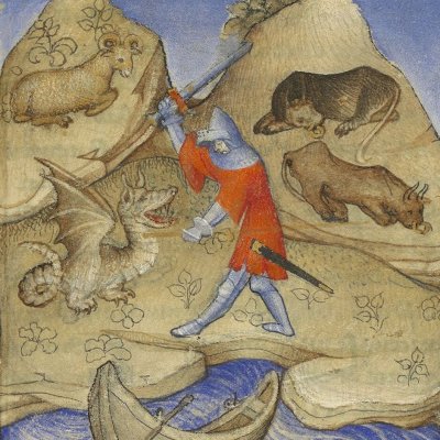 Jason tue le dragon gardien de la Toison d'or (Epître d'Othéa, Bnf Français 606, f26)