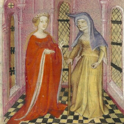 Junon déguisée conseille perfidement Sémélé (Epître d'Othéa, Bnf Français 606, f29v)