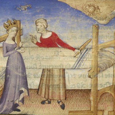 Arachne turned into a spider by Pallas (Epistle of Othea, Bnf Français 606, f30)