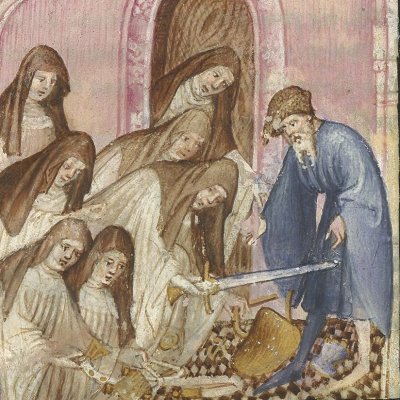 Achille parmi les filles de Lycomède est trompé par Ulysse (Epître d'Othéa, Bnf Français 606, f33v)