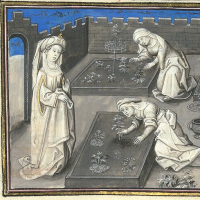 Isis présidant aux travaux du potager (Épître d’Othéa, Erlangen 2361, f37v) - Willem Vrelant 