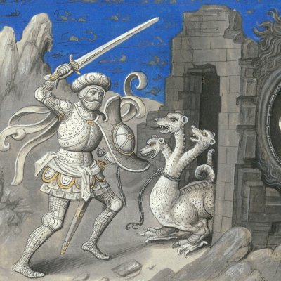Hercules taming Cerberus at the gates of Hell (Epistle of Othea, Erlangen 2361, f39v) - Willem Vrelant