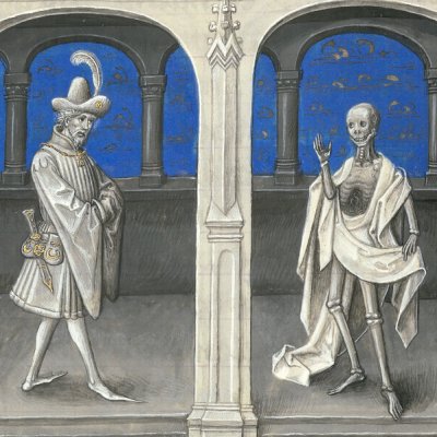 Le chevalier face à la mort. Atropos (Épître d’Othéa, Erlangen 2361, f46v) - Willem Vrelant