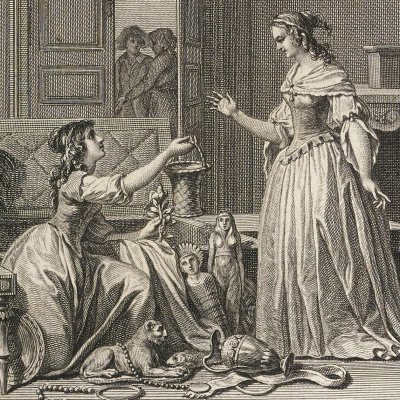 Zilia offre à Céline quelques restes du trésor du temple du Soleil (Lettres d'une Péruvienne, Migneret 1797) - Choffard d'après le Barbier