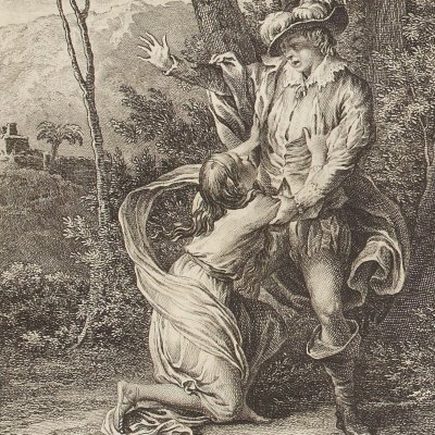 Fuite de Cora et d'Alonzo pendant le tremblement de terre (Marmontel, Les Incas 1777, t2) - Moreau le Jeune