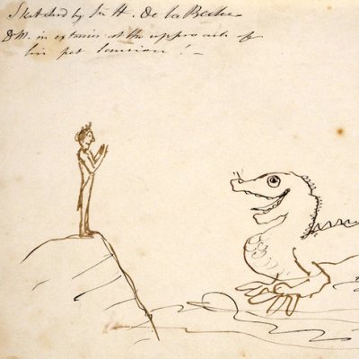 Dr M*** in ecstasy as his pet Saurian approaches - Henry De la Beche