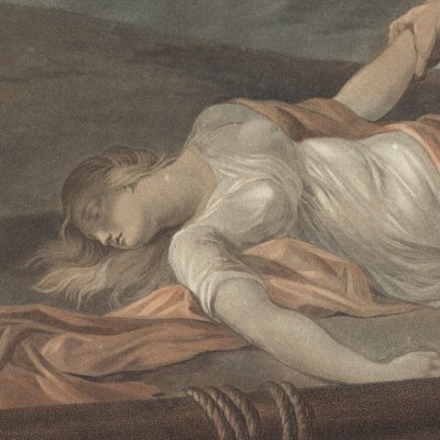 Dead Virginie washed ashore (Paul and Virginie) - Descourtis after Schall